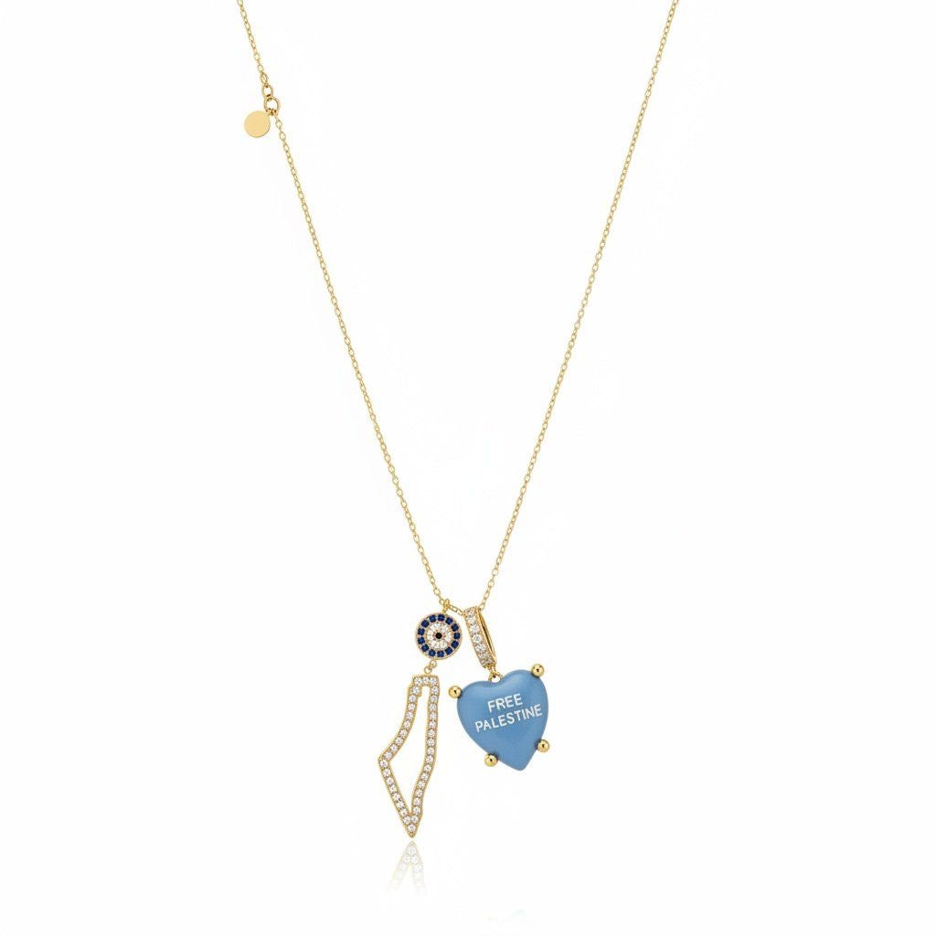 Palestine Map with stones and chambray blue charm “Free Palestine”