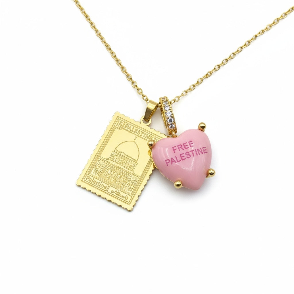 Free Palestine Heart & Stamp Jerusalem Necklace