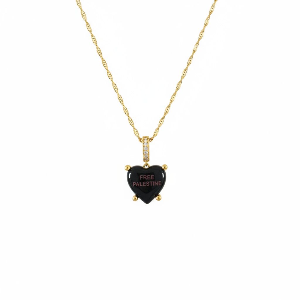 Midnight Charm with “Free Palestine” in purple with necklace