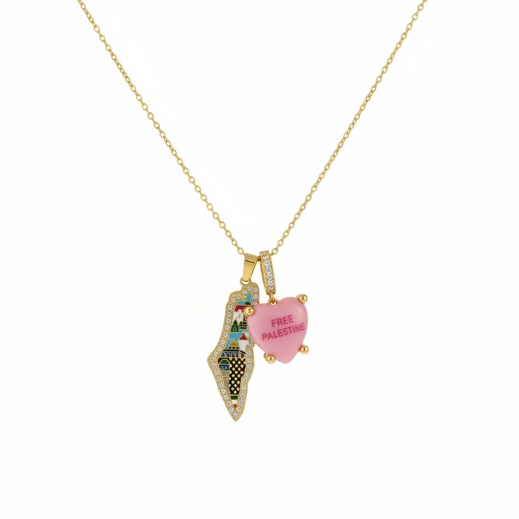 Jerusalem necklace with stones + pink heart charm