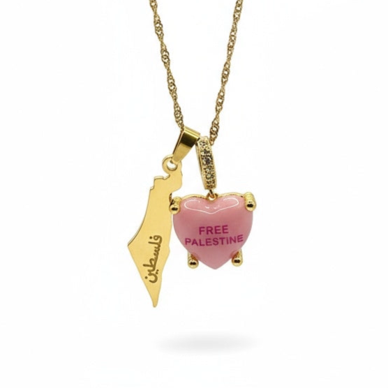 Map Necklace with pink heart pendant