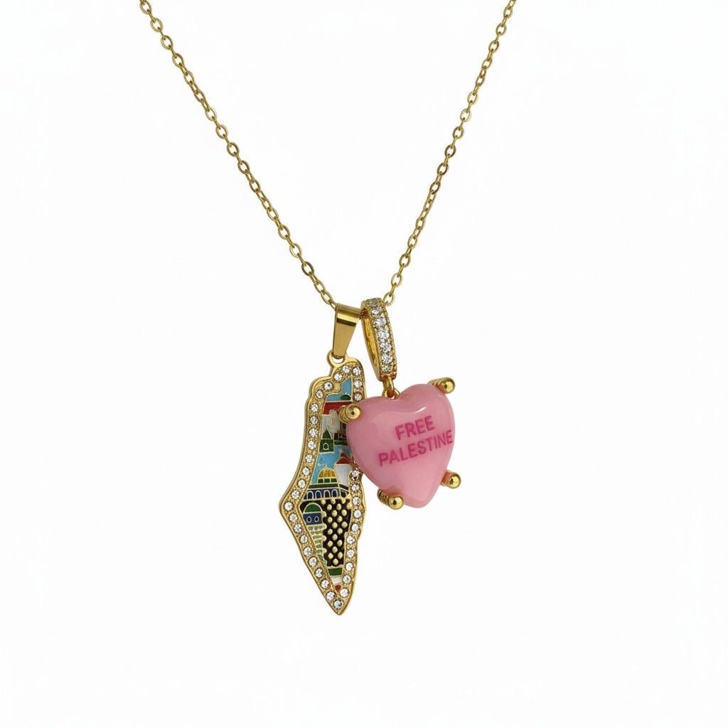 Jerusalem necklace with stones + pink heart charm