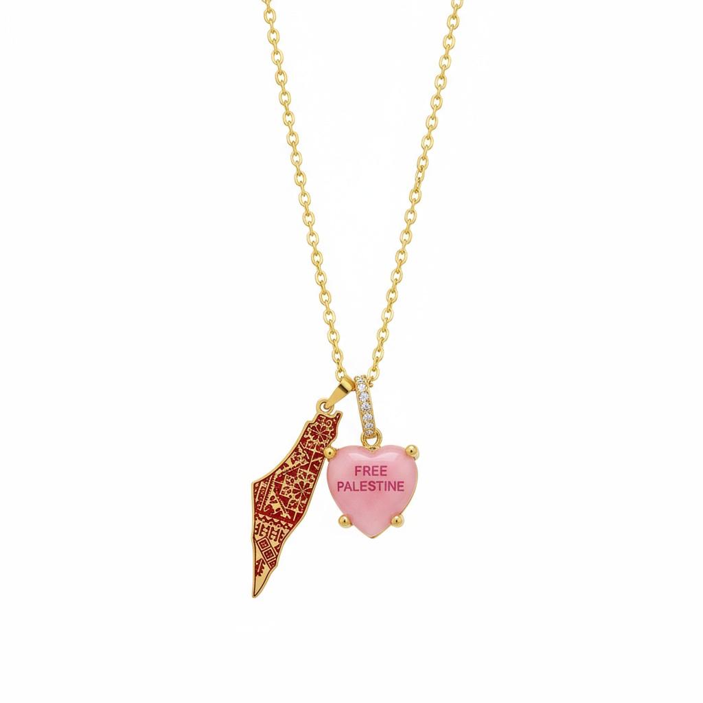 Keffiyeh Necklace with pink Heart Pendant
