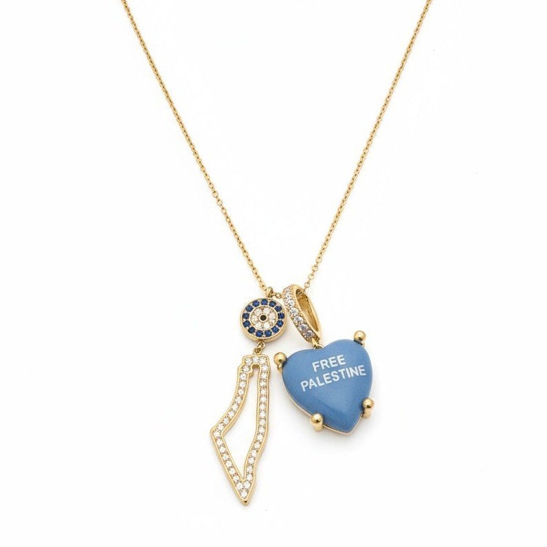 Palestine Map with stones and chambray blue charm “Free Palestine”