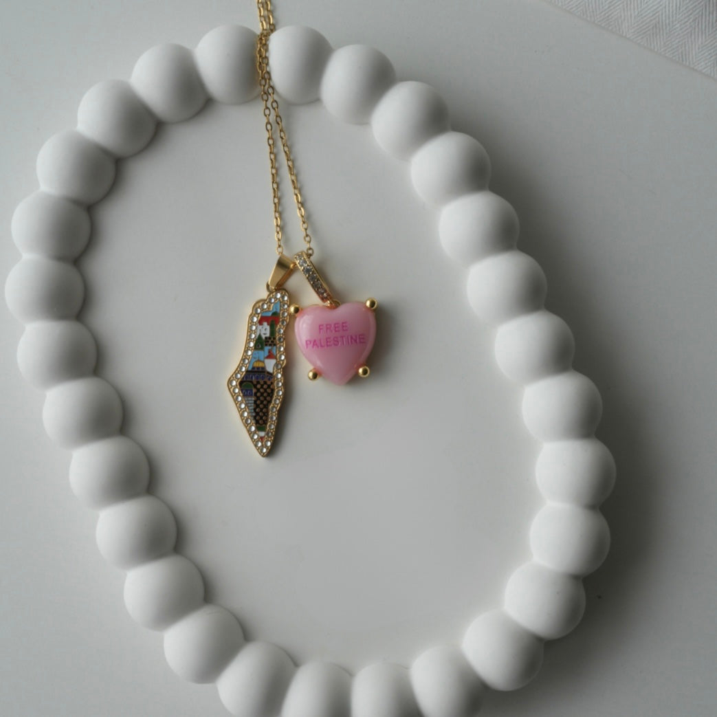 Jerusalem necklace with stones + pink heart charm