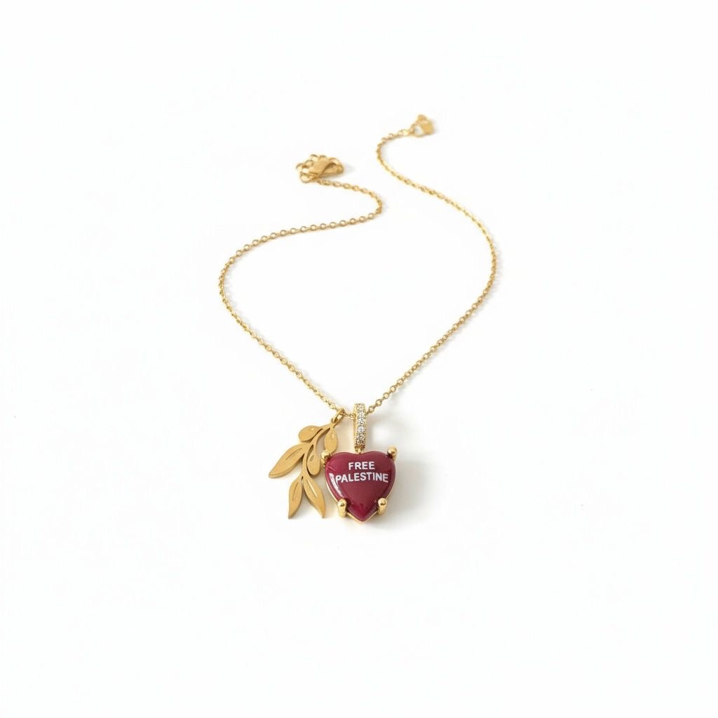Olive leaf necklace with red velvet „Free Palestine“ Charm 18k gold plated