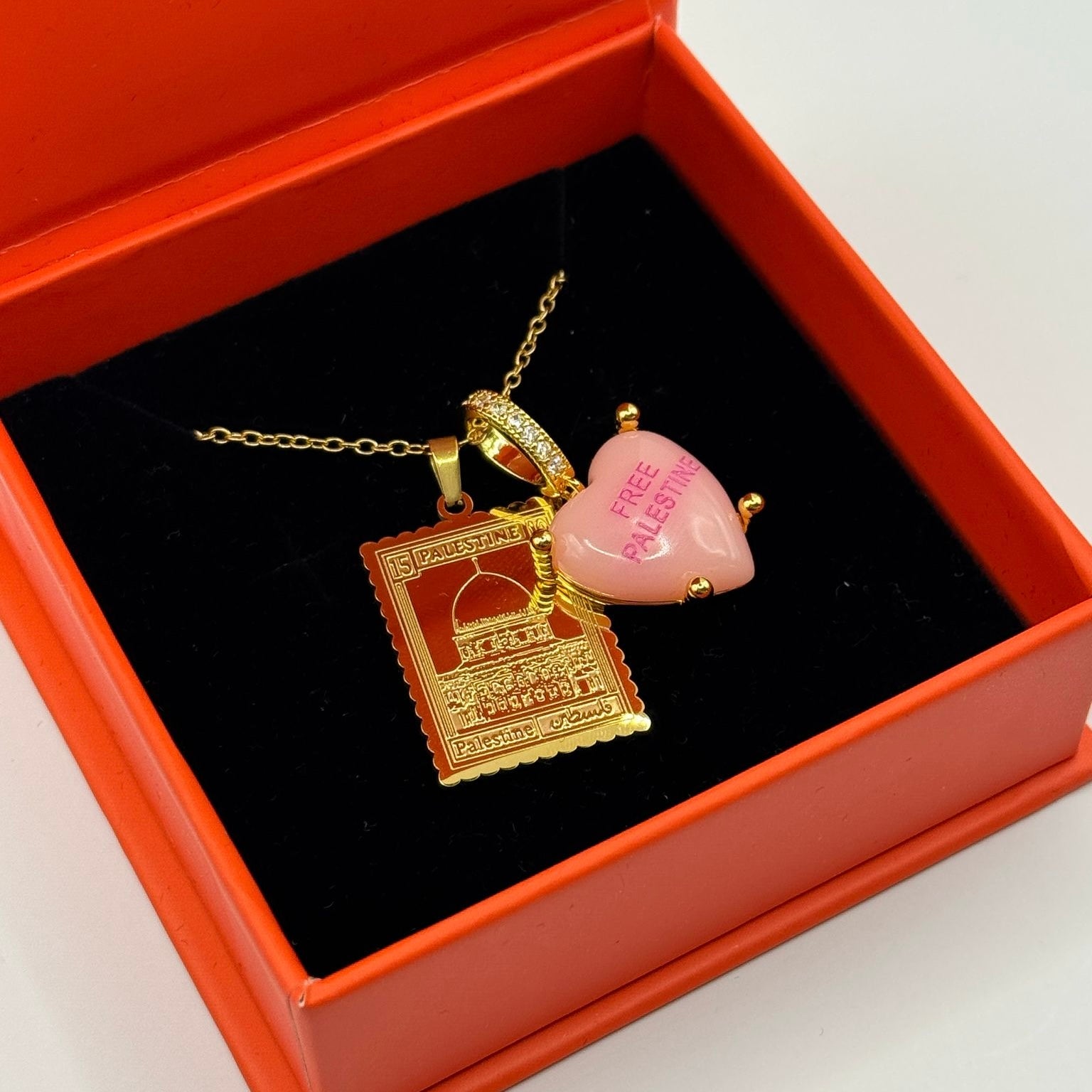 Free Palestine Heart & Stamp Jerusalem Necklace