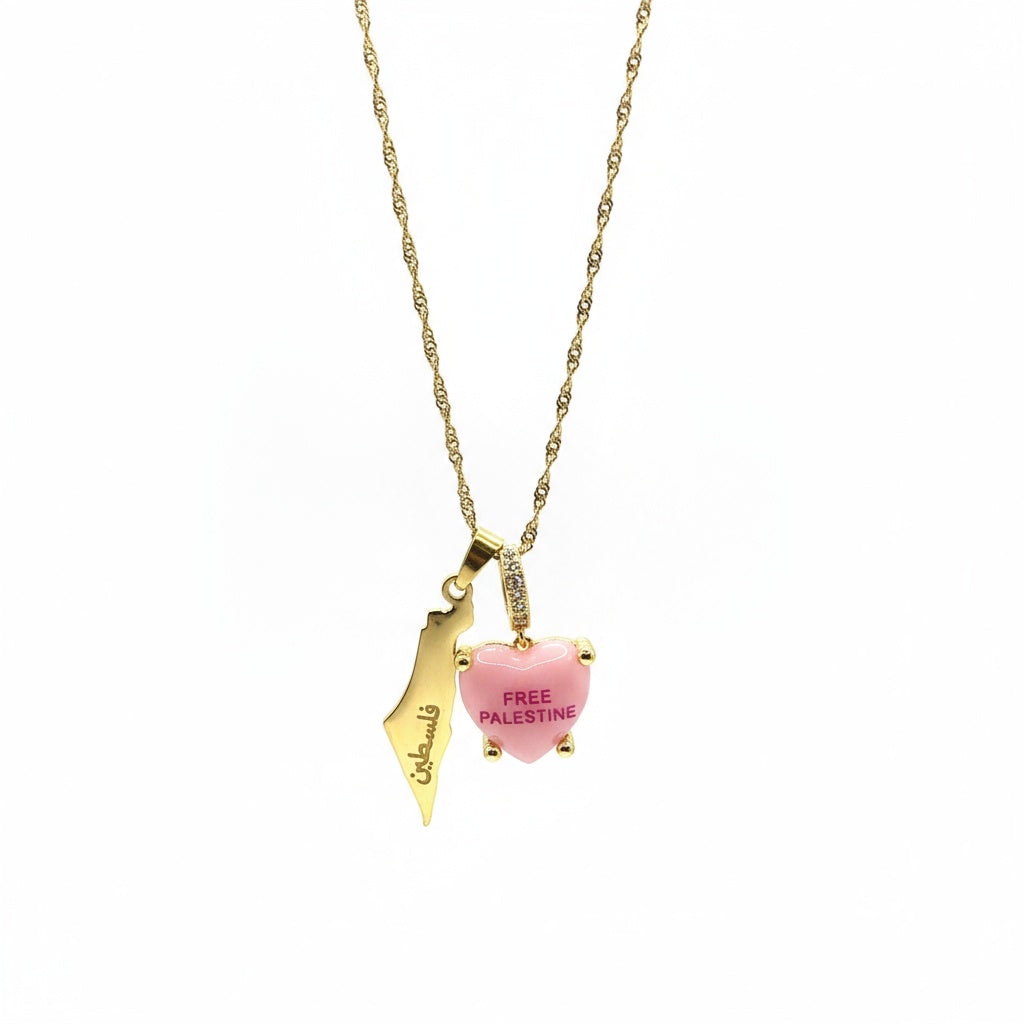 Map Necklace with pink heart pendant
