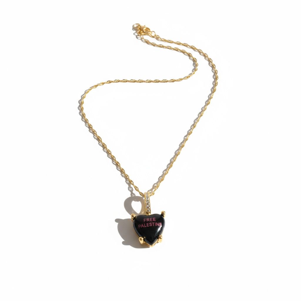 Midnight Charm with “Free Palestine” in purple with necklace