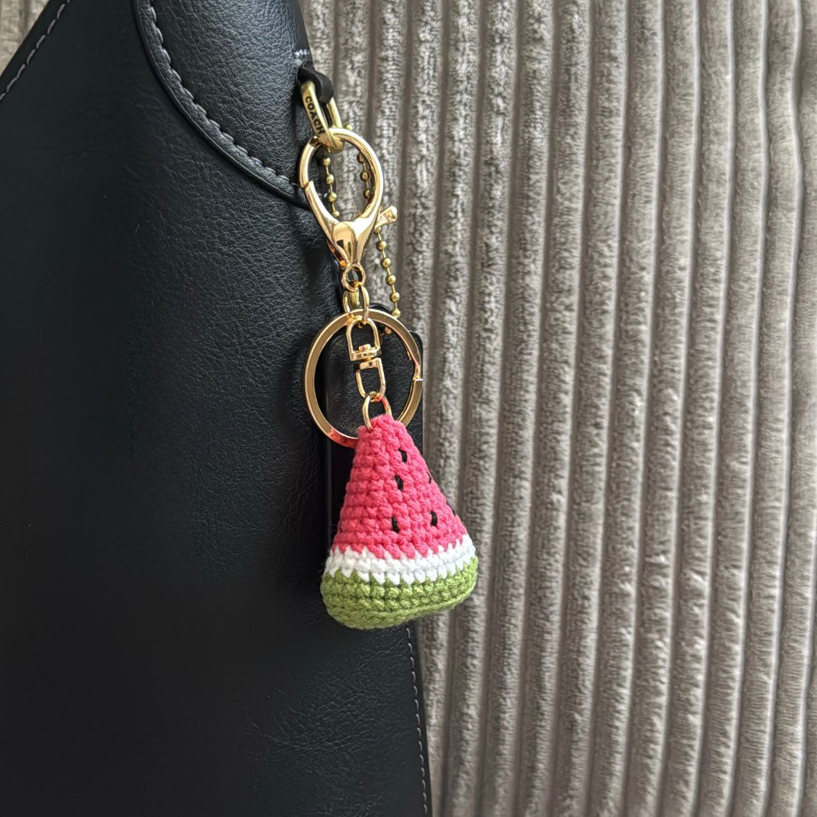 Handmade pink crochet watermelon keychain