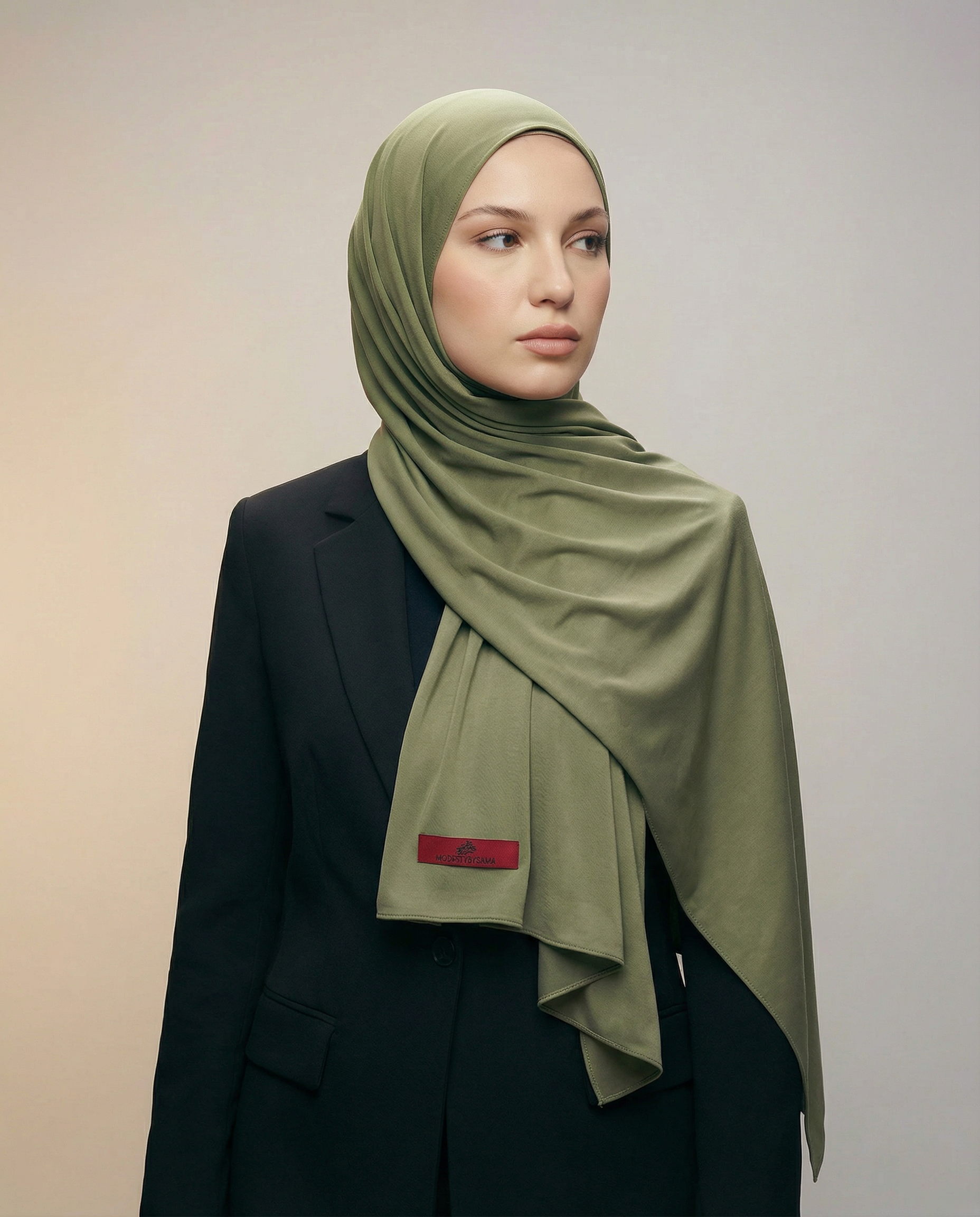 Olive Green Satin Liquid Jersey Scarf
